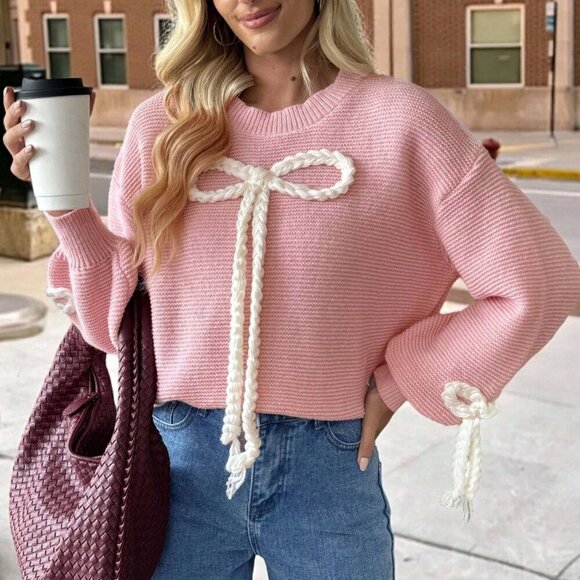 Pink Casual Women's Round Neck Bow Design Long-Sleeved Knit Sweater - Picture 2 of 10